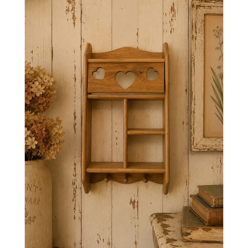 Vintage Wood Heart Cutout Wall Shelf 3 Pegs Country Cottagecore Organizer 17.5in